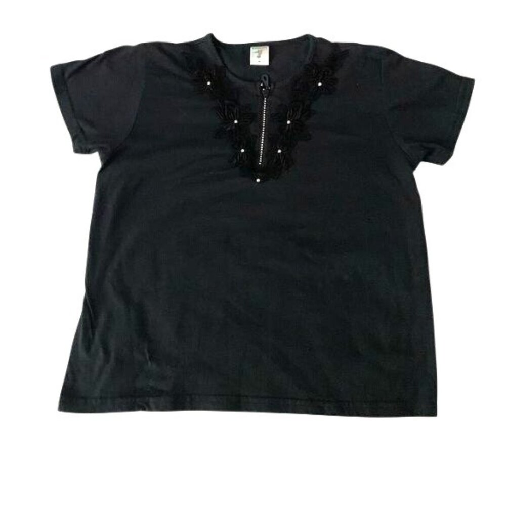 Black Short-Sleeve Hummingbird Top W/ Floral Lace & Rhinestone Zipper Accent Siz
